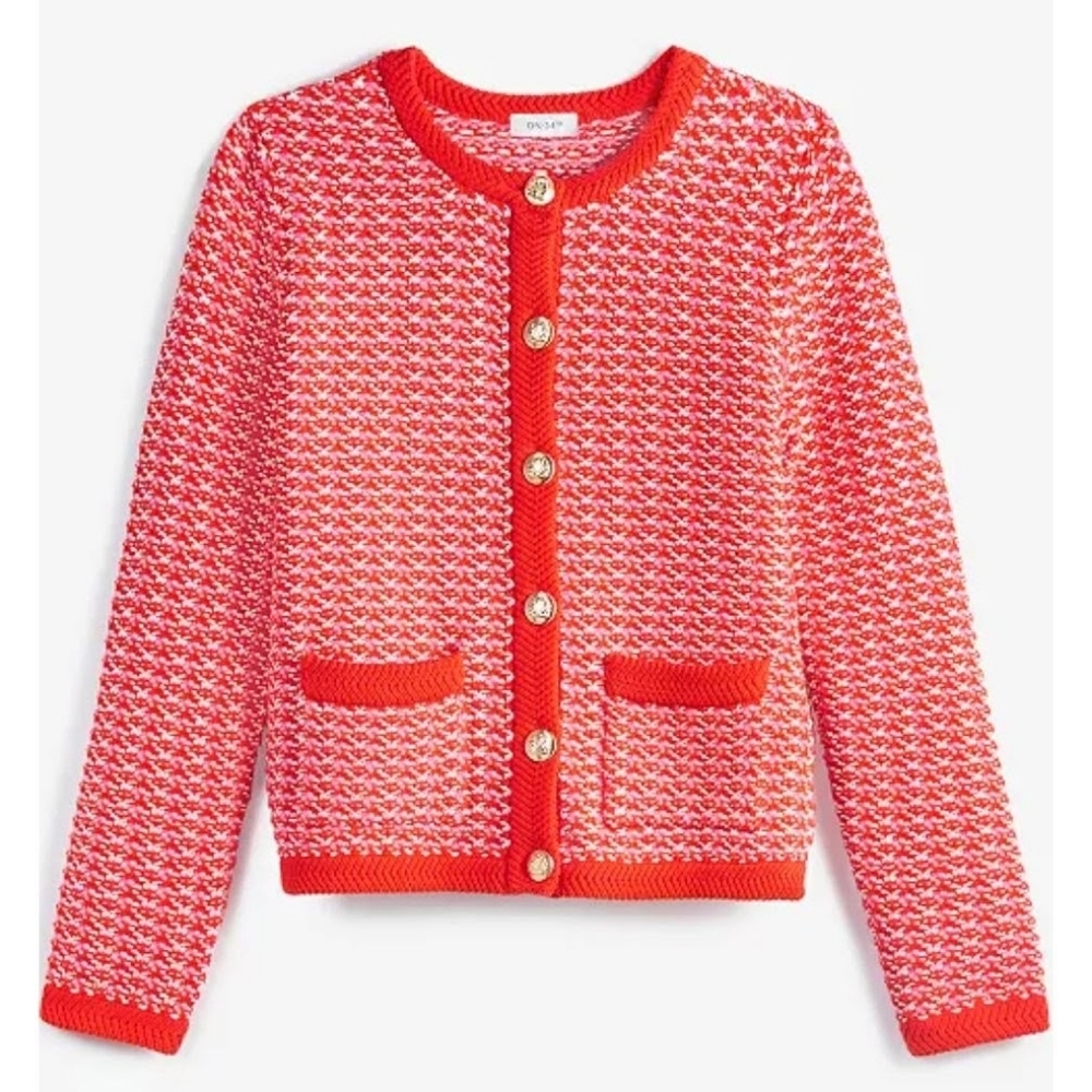 NWT On 34th Patterned Jacquard Button Up Cardigan Red Women's Size MEDIUM